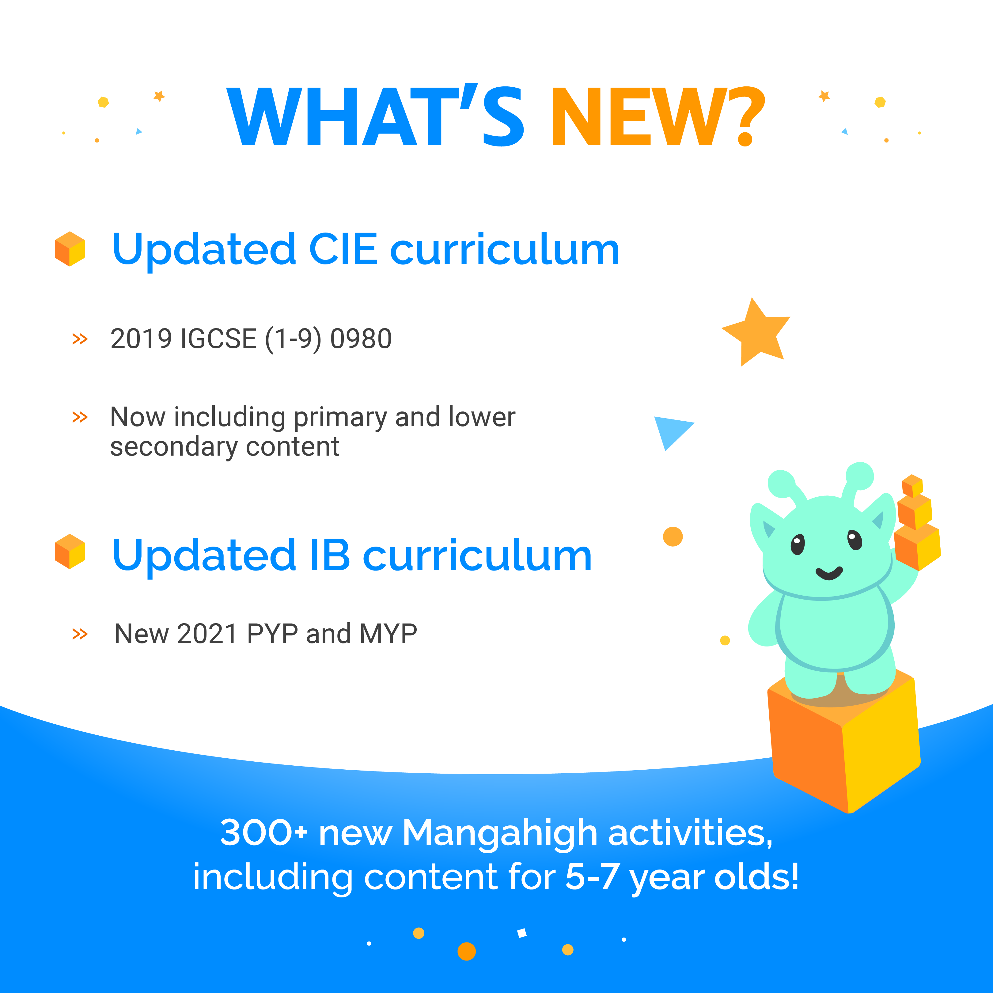 what's new? Updated CIE curriculum, 2019 IGCSE (1-0) 0980. Now including primary and lower secondary content. Updated IB curriculum, new 2021 PYP and MYP. 300+ new Manahigh activities, including content for 5-7 year old